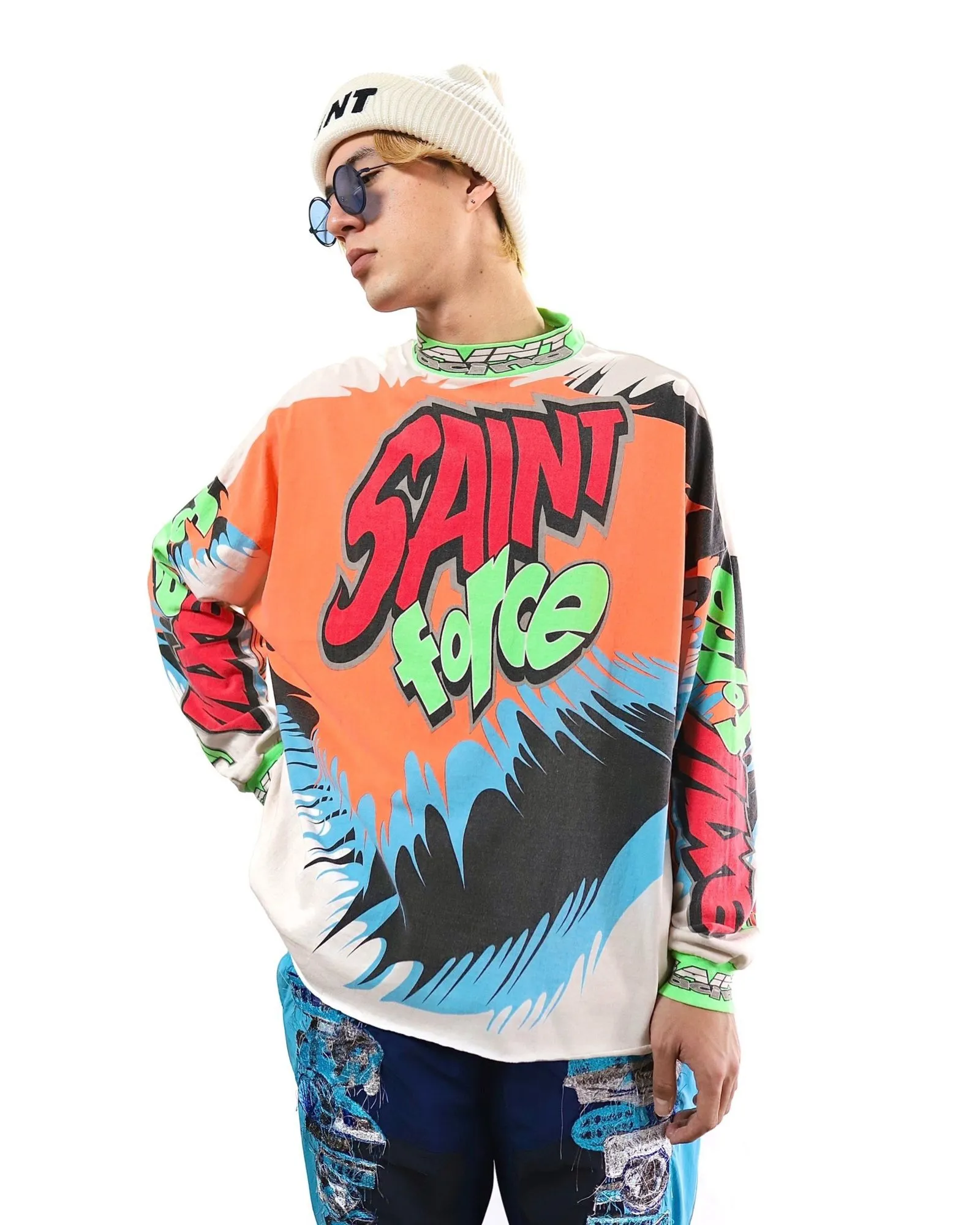 SAINT MICHAEL 24SS SAINT FORCE L/S TEE New Racing Retro Long Sleeve Off-white S-XL Front, left and right sleeves, even ribs are printed. There are more than 30 sets of samples in total. They are extremely complicated and all are oversized screen versions. Ready-made garments are washed and worn with Vintage value.